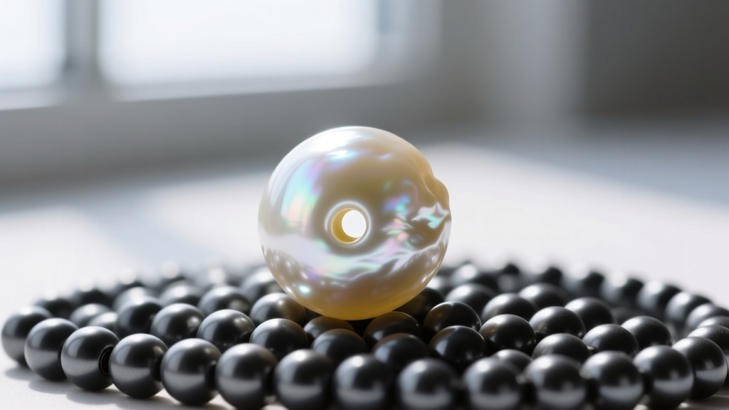 Macro shot of a 10mm irregular baroque Edison pearl with a 1mm hole, resting on a bed of matte charcoal Czech glass seed beads.