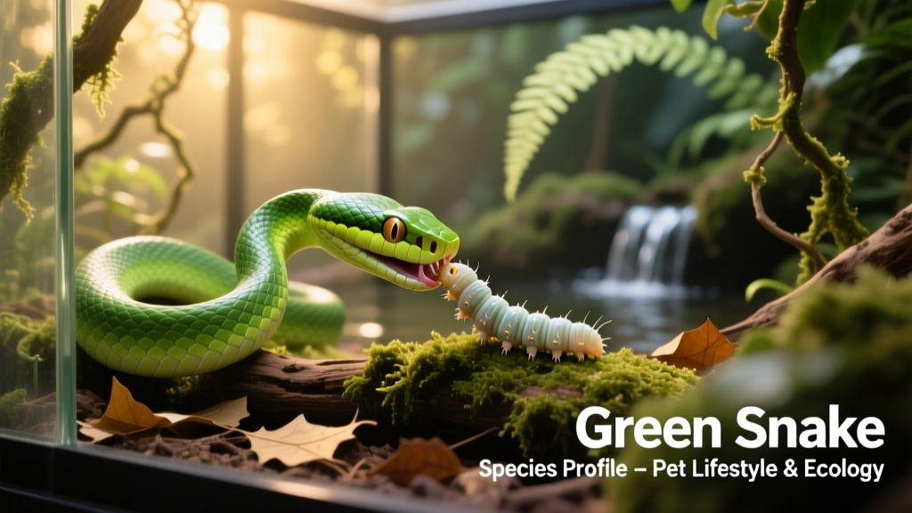 A rough green snake mid-feed, gently consuming a soft-bodied caterpillar in a naturalistic terrarium setting