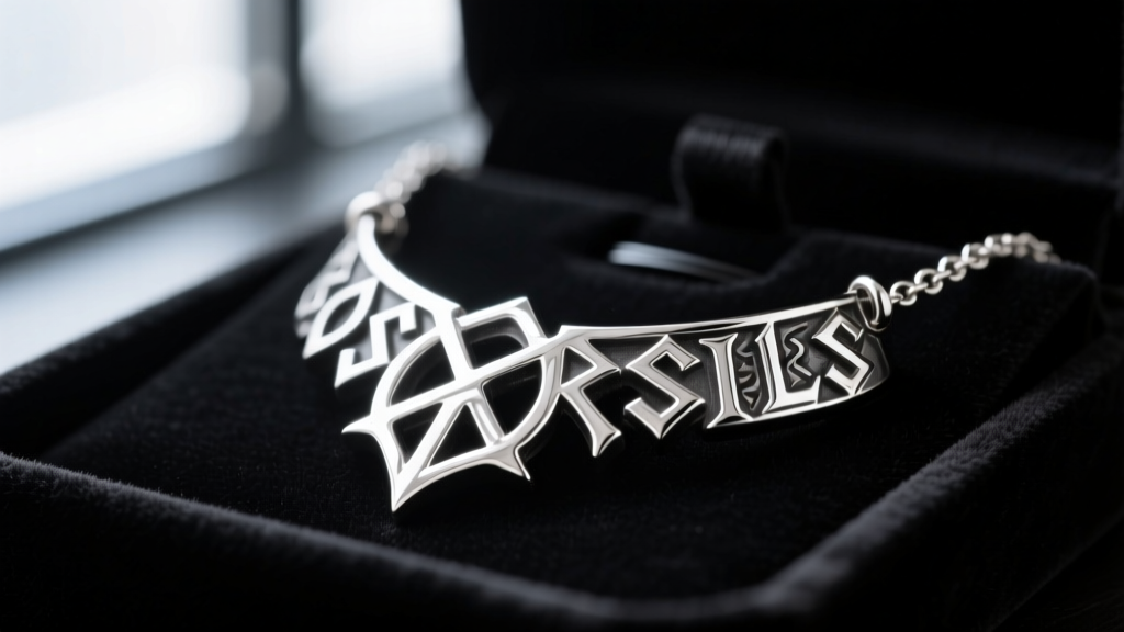 Close-up of a custom sterling silver OSRS skills necklace replica resting on dark velvet, highlighting intricate rune engravings.