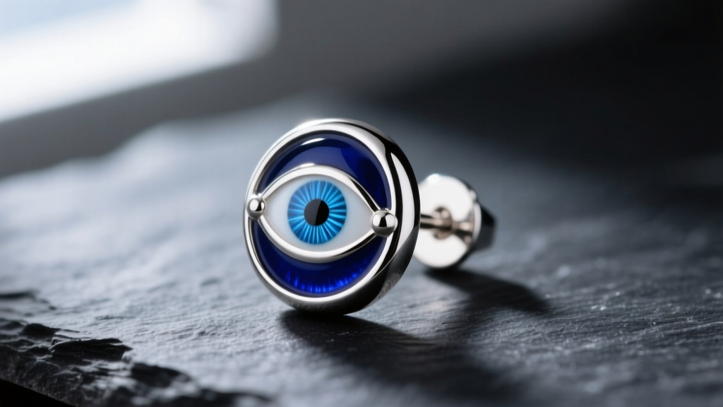 Macro shot of a 925 sterling silver evil eye stud earring with cobalt blue vitreous enamel and rhodium finish on dark slate
