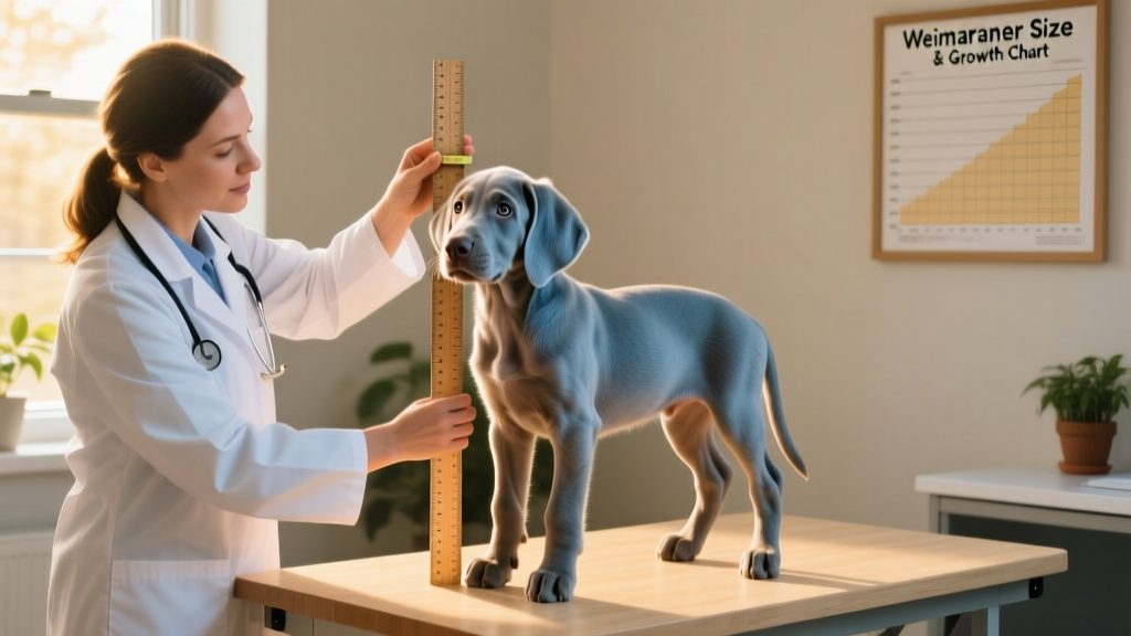 Veterinarian gently measuring a Weimaraner puppy’s height and checking joint mobility during a routine wellness exam