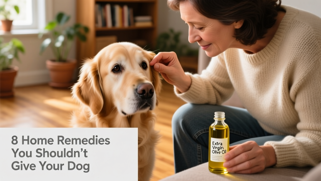 A concerned dog owner gently examining their dog's ears while holding a bottle of olive oil—highlighting the misconception about home ear treatments