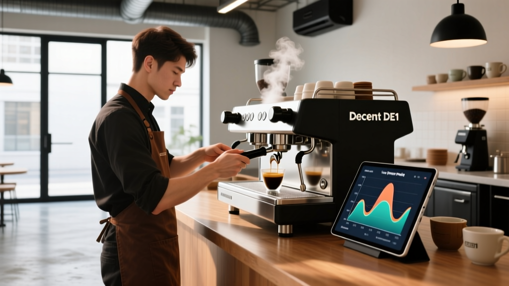 Barista pulling a shot on a Decent Espresso DE1 machine showing real-time pressure profiling graphs on the attached tablet screen