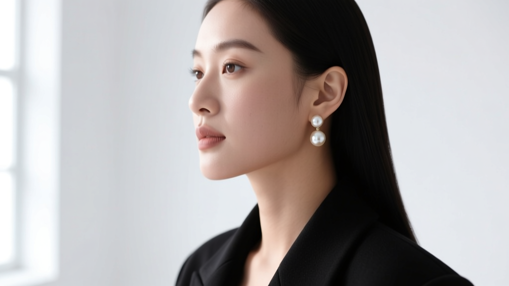 Side profile of a woman with a round face wearing drop pearl earring jackets, natural daylight, minimalist background.