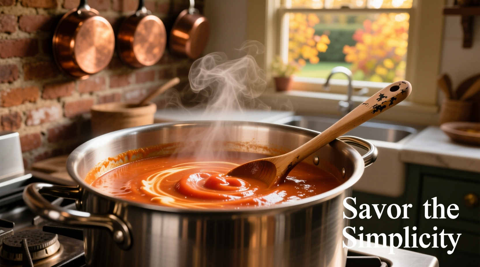 Chef stirring creamy tomato soup in stainless steel pot
