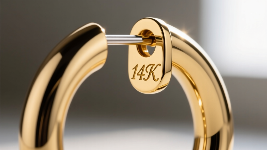 Extreme close-up of a thick hoop earring latch-back clasp showing a 14k gold stamp and a smooth, nickel-free polished post wire