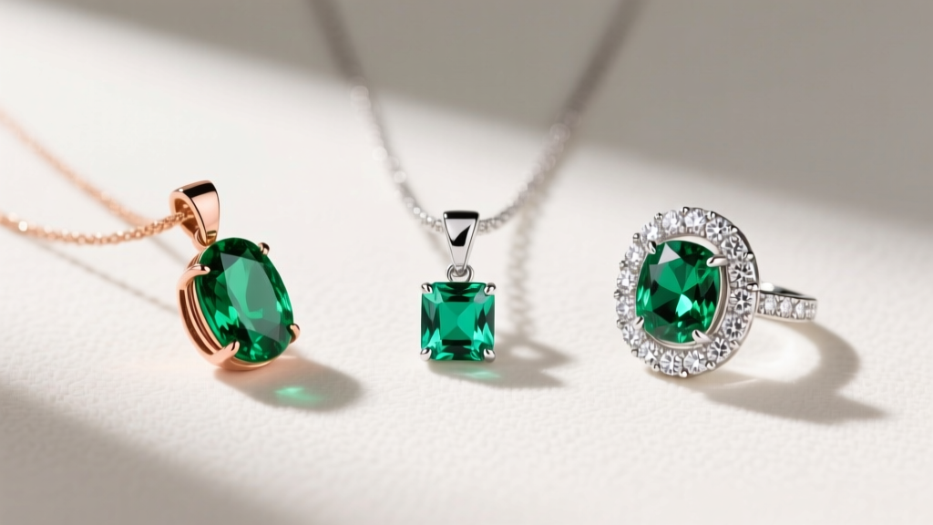 Three tsavorite necklace settings featuring a bezel pendant in rose gold, a platinum solitaire, and a white gold diamond halo