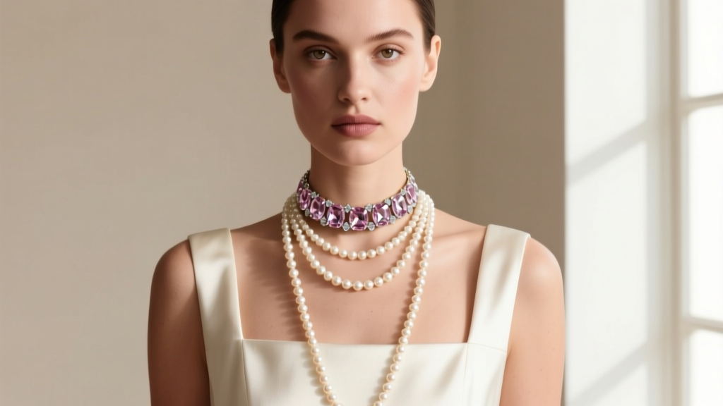 Close-up of a model wearing a square-neck dress, layering a 14-inch rose-cut diamond choker with a draped 18-inch pearl festoon.
