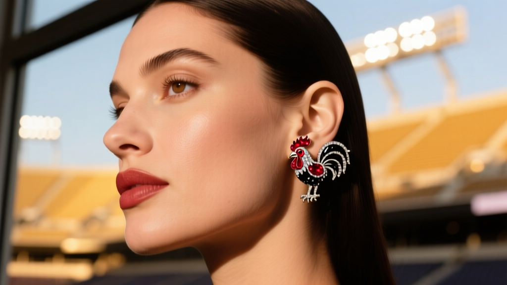 Woman wearing a garnet and black diamond gamecock ear cuff on her cartilage, with softly blurred stadium lights in the background.