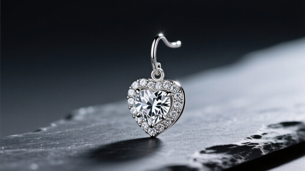 Macro shot of a platinum dangle heart earring with pave-set VS1 diamonds, resting on a dark slate surface for high contrast.