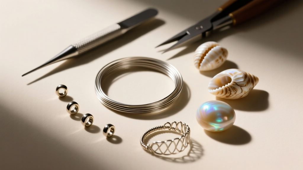 Overhead view of jewelry tools, including .018 inch beading wire, crimp beads, and French wire guards next to carved shell beads.