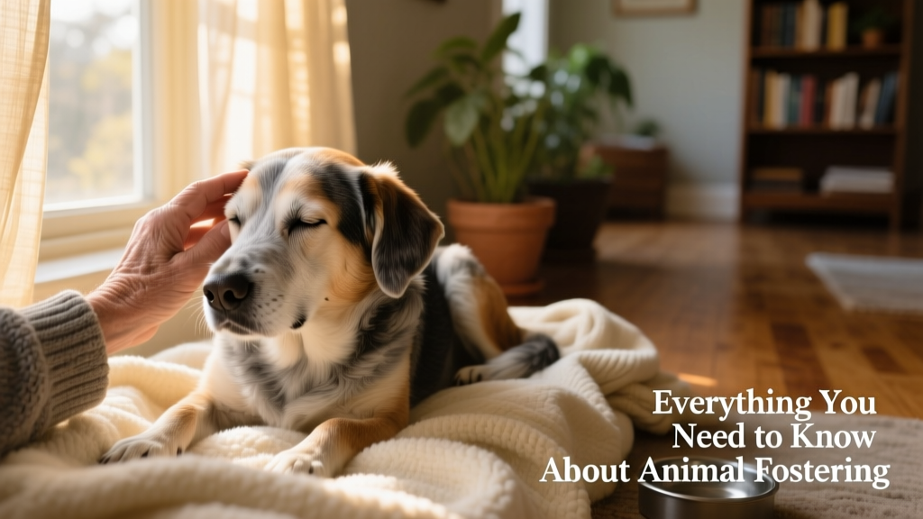 A gentle hand brushing a senior dog’s fur while he rests peacefully on a soft blanket beside a window