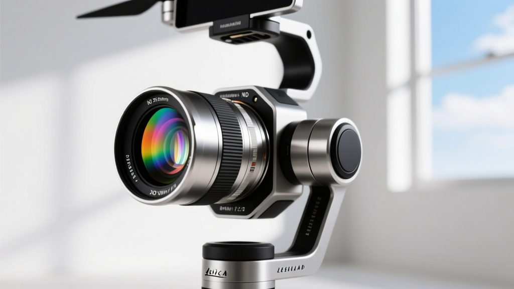 Close-up of camera drone gimbal featuring a quick-release magnetic variable ND filter system attached to a Hasselblad lens