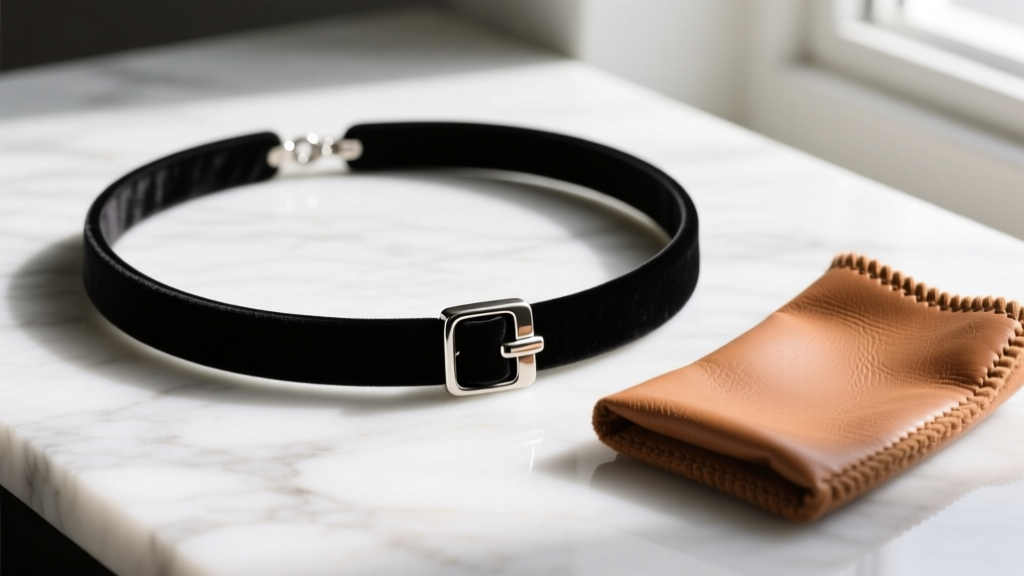 Black velvet 14 inch choker necklace with a steel clasp, laid flat on white marble next to a soft leather conditioning cloth.