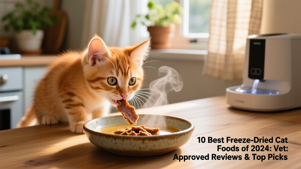 A curious kitten eating rehydrated freeze-dried food from a shallow ceramic dish, with visible steam rising from the warm broth