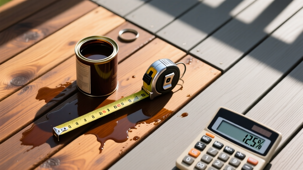 Top-down view of a stained 10x10 wood deck beside a composite deck section, featuring a tape measure, stain can, and financial calculator.