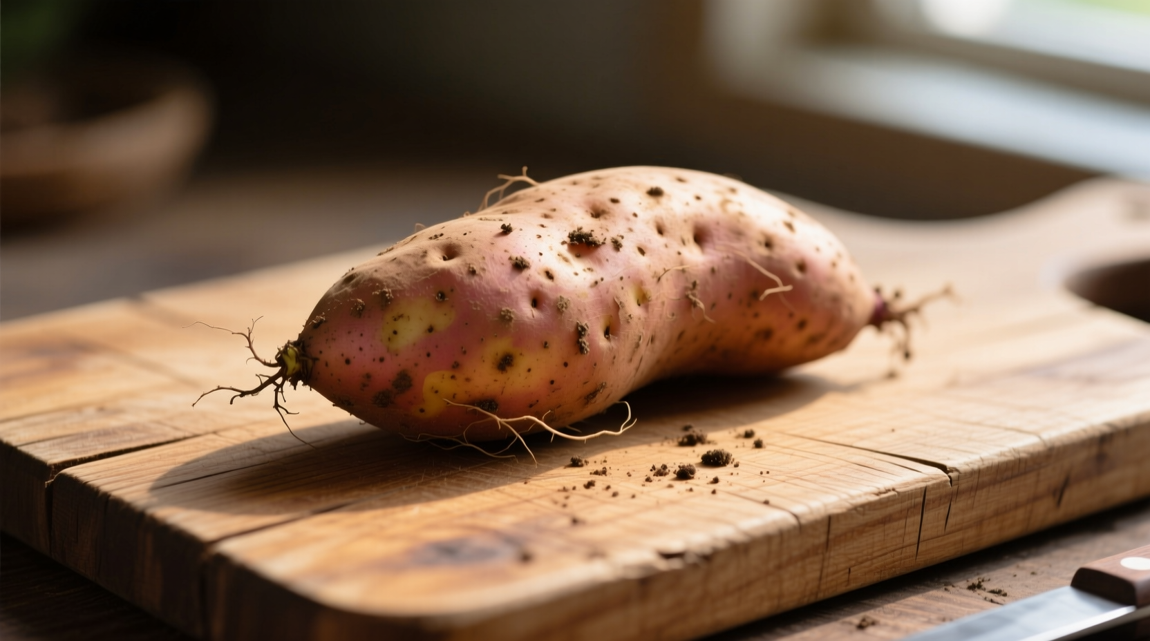 Small sweet potato on wooden cutting board