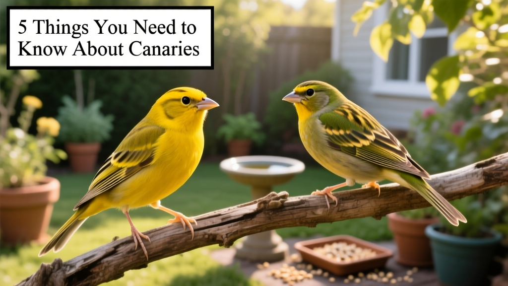 Side-by-side comparison of an American Singer Canary and a Spanish Timbrado Canary perched on separate branches, highlighting subtle differences in posture and plumage