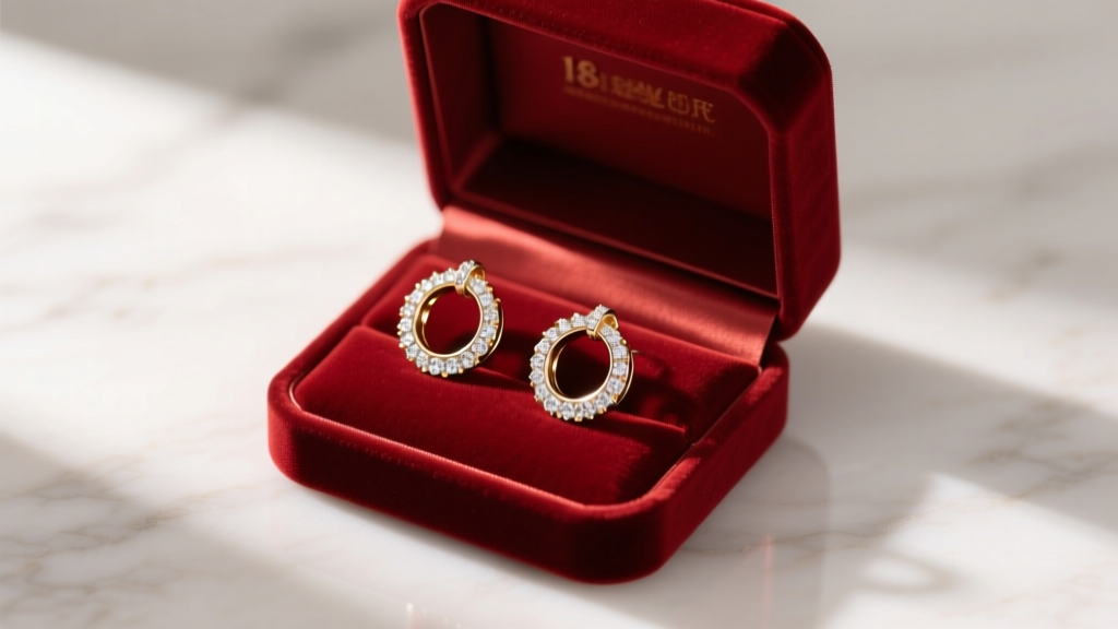 Open velvet gift box displaying 18k white gold inside out diamond hoop earrings catching warm ambient light on a marble surface