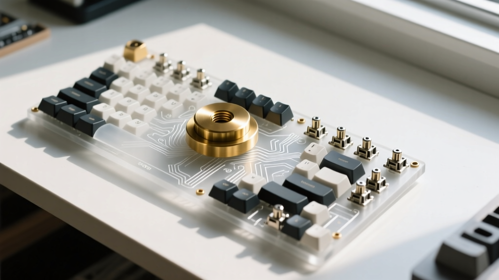 Top-down view of disassembled custom mechanical keyboard showing brass weight, FR4 plate, and magnetic switches on a workbench