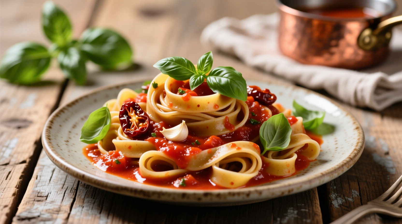 Fresh pasta with vibrant red tomato sauce and basil garnish