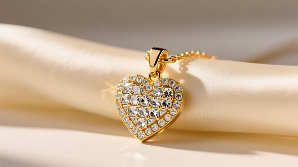 Gold-plated BaubleBar heart necklace on cream silk, showing cubic zirconia pave and a brass lobster clasp in warm light