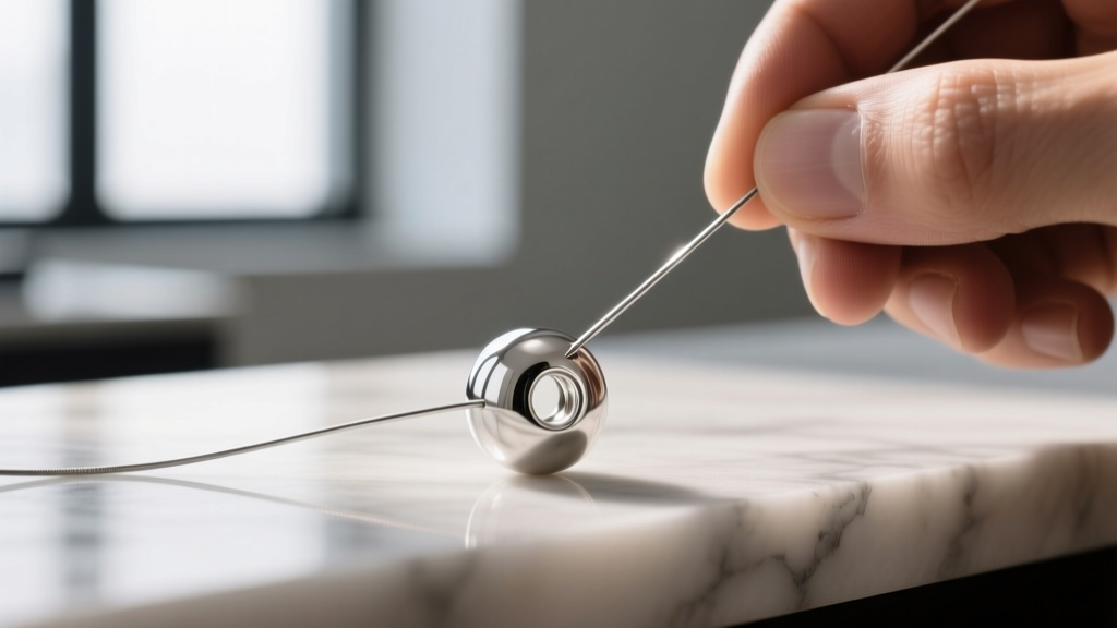 Jeweler threading a 0.015-inch stainless steel beading wire through the 1mm hole of a seamless sterling silver round bead.