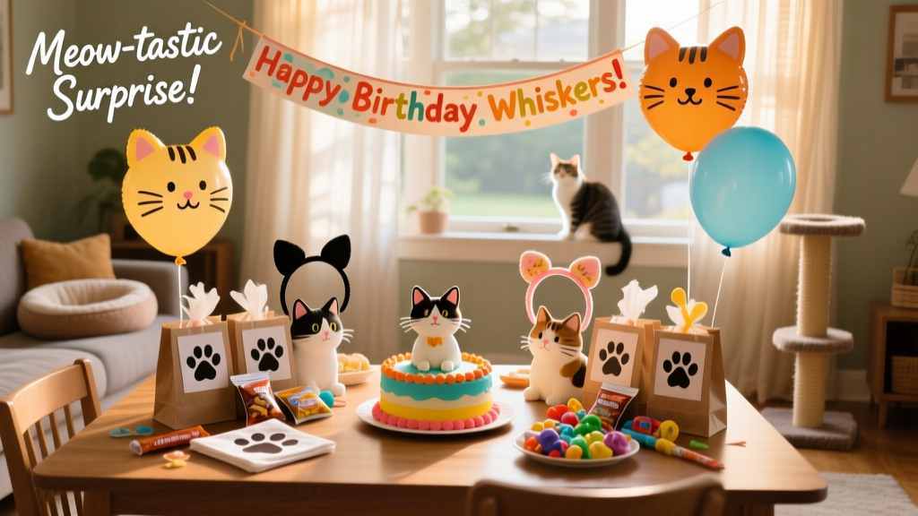 A table set with cat-themed party decorations, goody bags, and a small birthday banner
