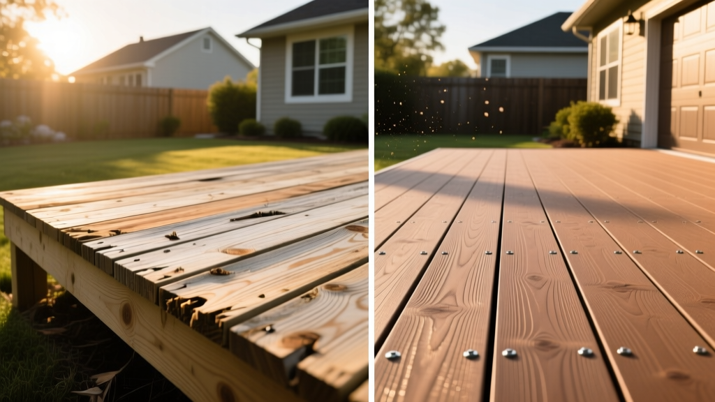 Split-screen comparison of a weathered pressure-treated pine deck next to a pristine Trex Transcend composite deck with hidden fasteners