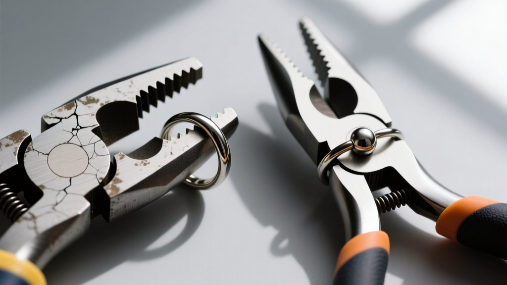 Macro shot comparing serrated hardware pliers damaging a steel nose ring next to pristine nylon-jaw jewelry making pliers