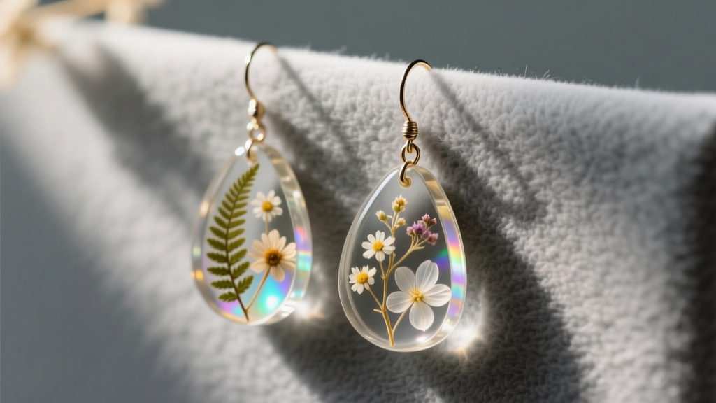 Botanical epoxy resin drop earrings resting on a soft gray microfiber cloth, illuminated by warm directional natural sunlight.
