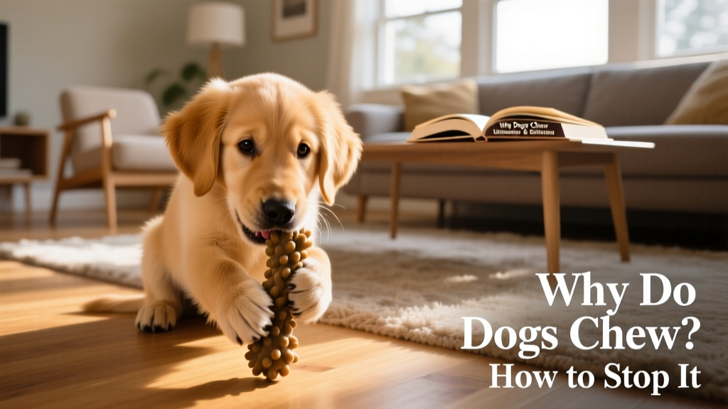A curious puppy gently chewing on a durable rubber toy in a sunlit living room