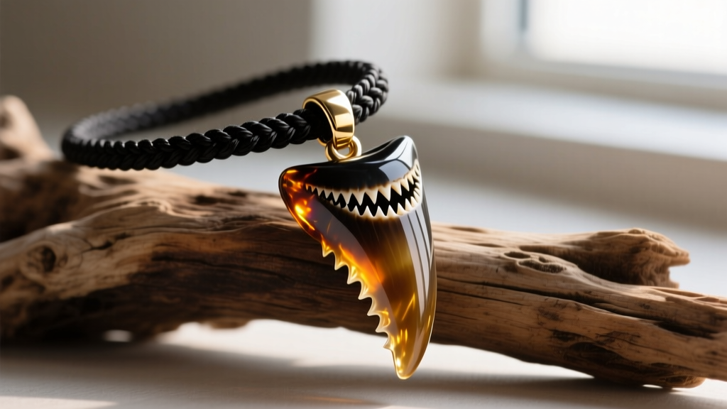 Close-up of a polished fossilized megalodon shark tooth pendant resting on a braided black waxed cotton cord against driftwood.