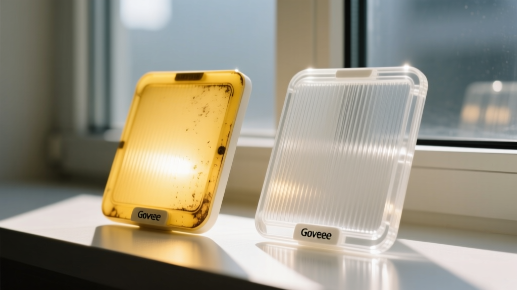 Side-by-side macro shot of yellowed Govee polycarbonate light diffuser compared to a brand new clear diffuser under direct sunlight near a window