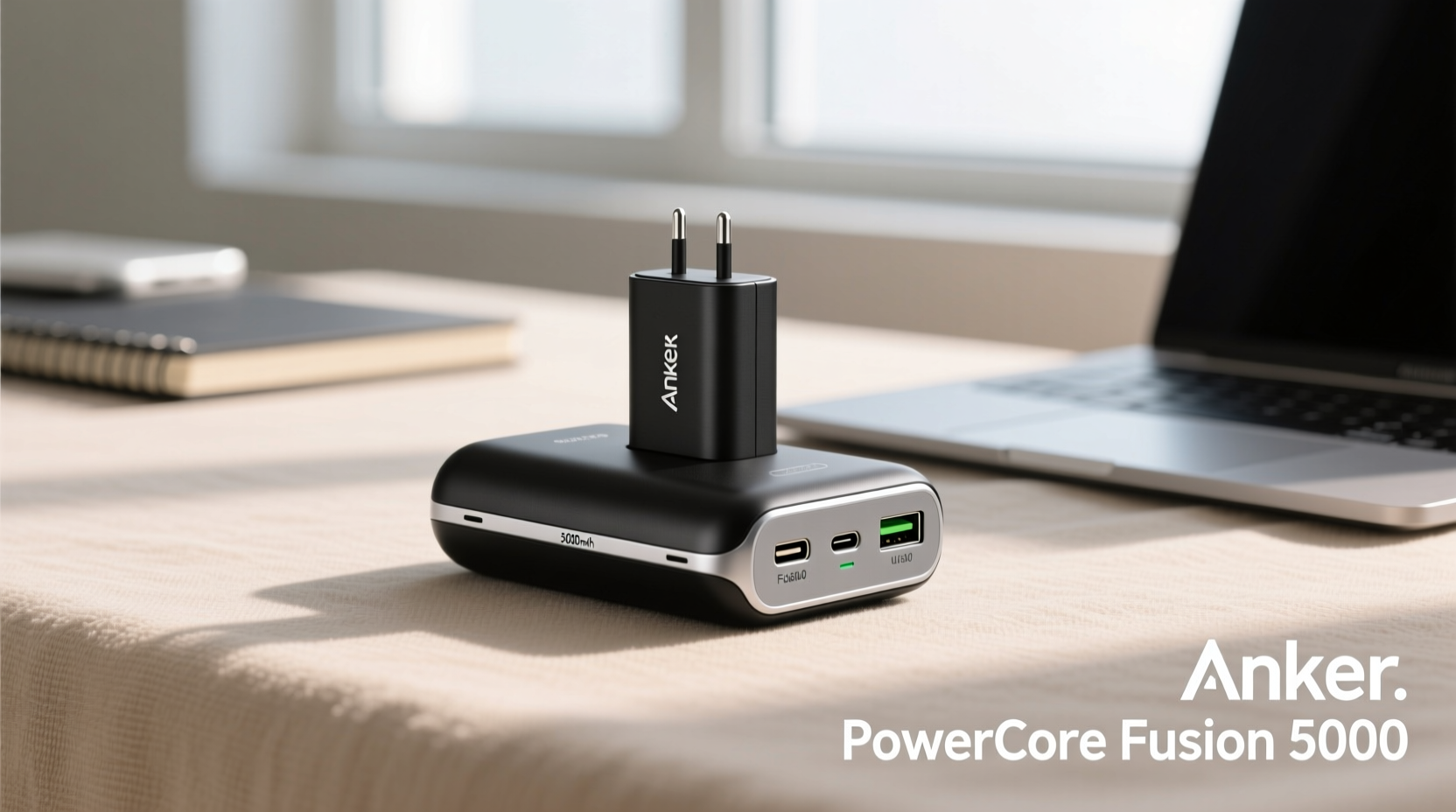 Anker PowerCore Fusion 5000, a portable charger and wall adapter in one, with a 5000mAh capacity, capable of charging two devices simultaneously.