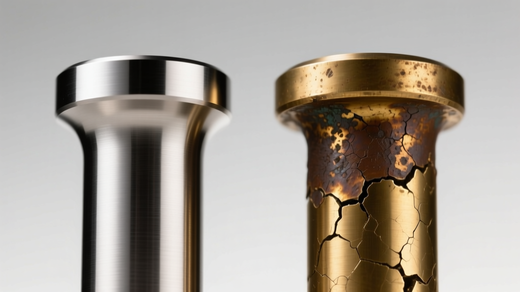 Macro view of a polished ASTM F136 titanium post beside a tarnished brass post, highlighting surface porosity and finish.