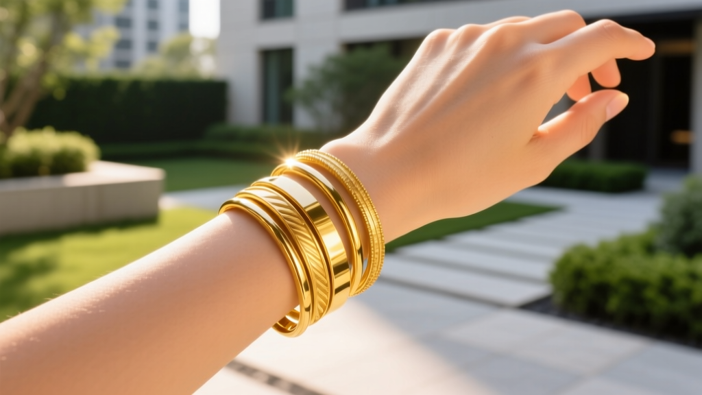 Close-up of a wrist with warm undertones wearing stacked 14k and 18k yellow gold bangles in bright, natural outdoor sunlight