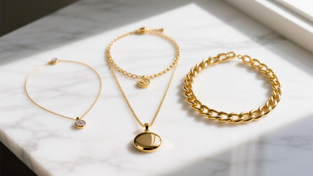 Flat lay comparison of three gold necklaces showing varying chain thicknesses and pendant sizes on white marble, top view.