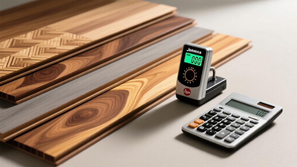 Cross-section of various hardwood flooring planks showing distinct grain patterns next to a digital Janka hardness testing gauge and a calculator