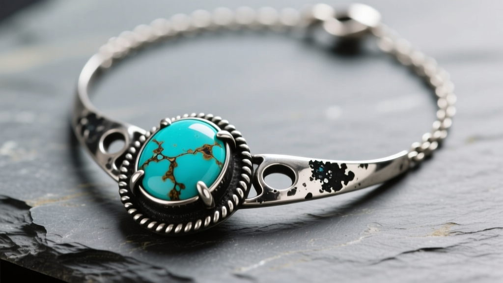 Tarnished sterling silver turquoise necklace on slate, showing black silver sulfide buildup around the bezel settings.