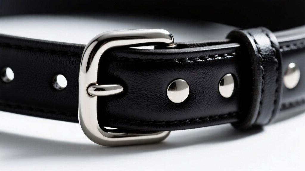 Macro shot of a 316L surgical steel D-ring on a leather intimacy collar, showing sturdy rivet construction and polished finish