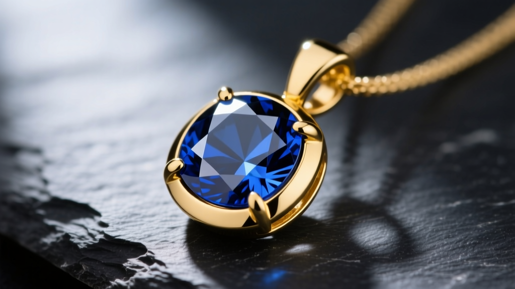 Macro shot of an 18k yellow gold bezel-set sapphire pendant on dark slate, highlighting polished metal rim and deep blue facets.