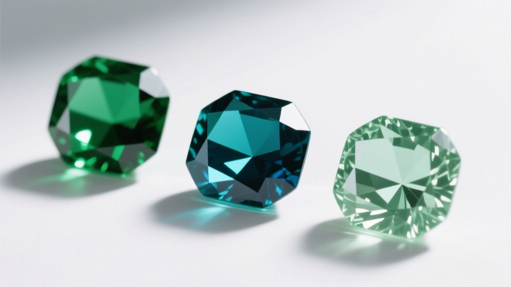 Three emeralds on a white surface showing Colombian warm green, Zambian bluish-green, and Brazilian light green color variations.