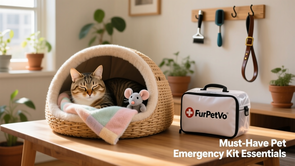A calm cat resting in a cozy carrier with a favorite blanket and toy nearby, next to a sealed emergency kit with FurPetVo branding visible on a label