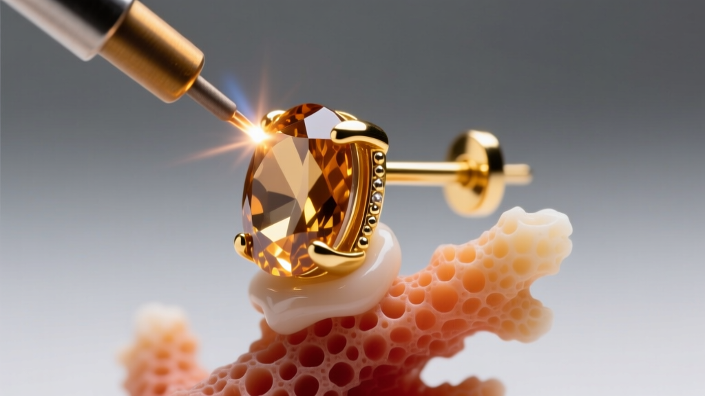Macro shot of laser welding a 20-gauge gold post on a vintage coral earring, protecting the organic gemstone with thermal paste.