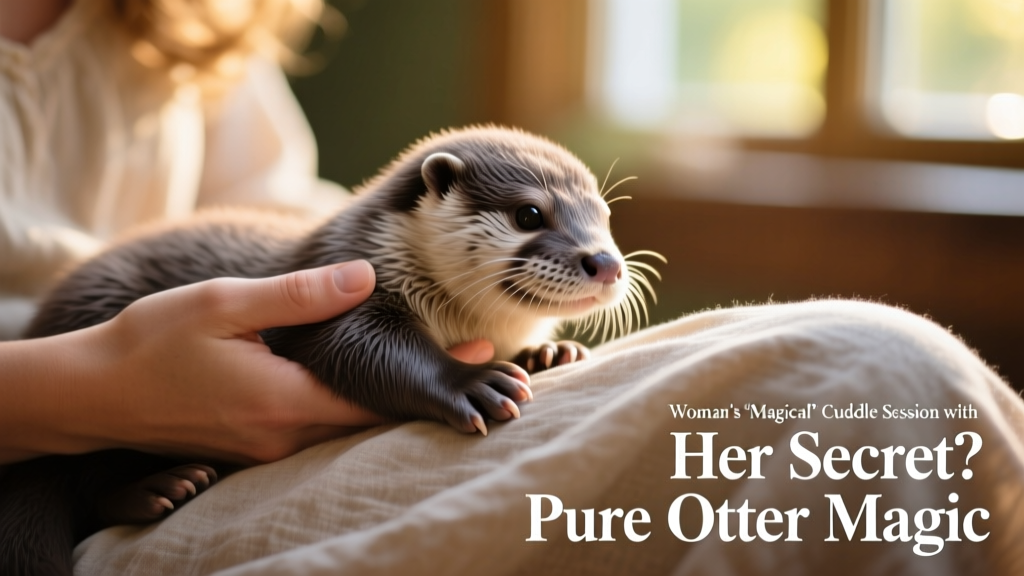 Close-up of a baby otter’s tiny paw holding a human finger while resting on a lap