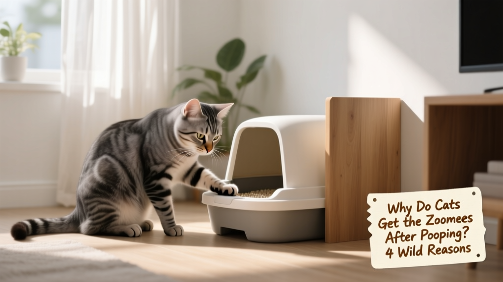 A relaxed cat calmly grooming itself near a clean, tidy litter box in a well-lit corner of a home