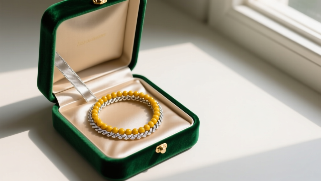 Velvet jewelry box with anti-tarnish strips holding a neatly coiled mustard seed necklace to prevent the delicate chain tangling.