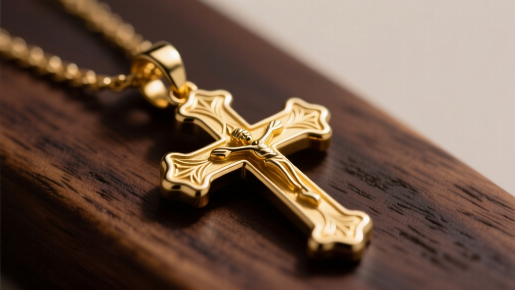 Close-up of a polished 14k yellow gold Latin cross pendant resting on dark wood, soft directional lighting highlighting the metal