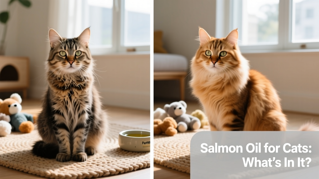 Side-by-side comparison showing a cat with dull, flaky coat next to the same cat after six weeks of FurPetVo salmon oil supplementation—coat visibly shinier and smoother